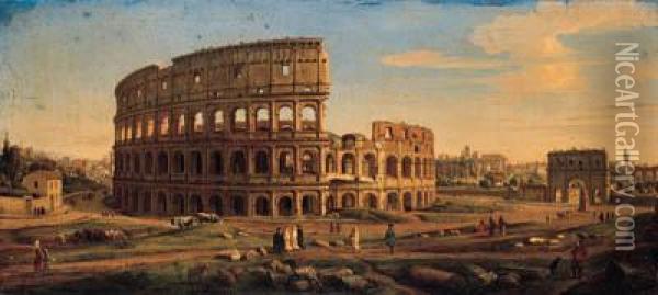 The Colosseum And The Arch Of 
Constantine, Looking Towards Theforum, With Figures And Artists 
Sketching Oil Painting - (circle of) Wittel, Gaspar van (Vanvitelli)