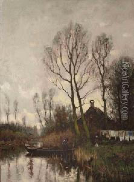 Daily Activities Along A River In An Autumn Landscape Oil Painting - Petrus Paulus Schiedges