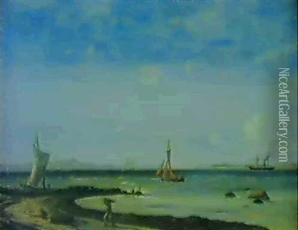 Dansk Marine Med Sejlskibe Naer Kysten Oil Painting - Vilhelm Melbye