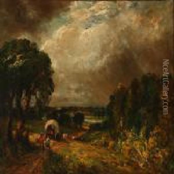 An English Stormy Landscape With Farmers By A Wagon Oil Painting - John Constable