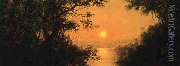 Sunset Aka Jungle Scene Oil Painting - Martin Johnson Heade