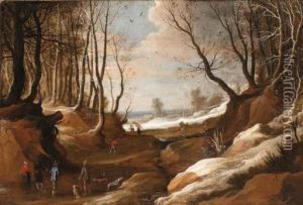 A Winter Landscape With Faggot Gatherers And Travellers On Apath Oil Painting - Jacques Fouquieres