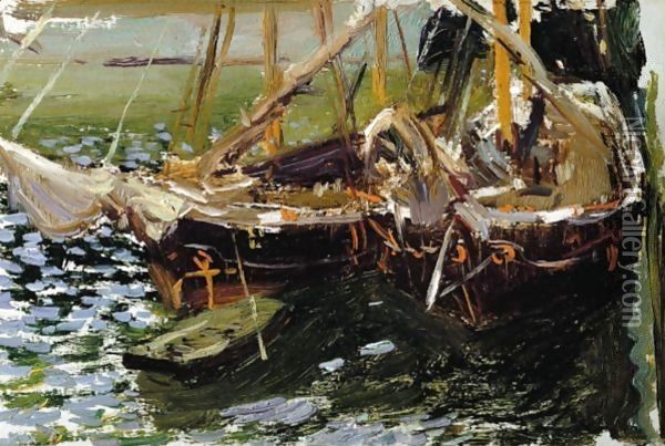 Boats In Port Oil Painting - Joaquin Sorolla Y Bastida