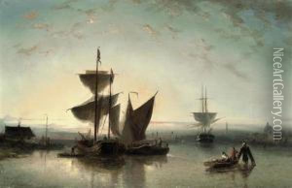 Shipping On A Calm Near A Harbour Oil Painting - Nicolaas Riegen