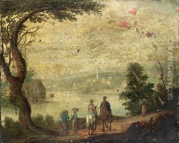 Travellers On Horseback On A Country Path Beside A Lake Oil Painting - Joseph van Bredael