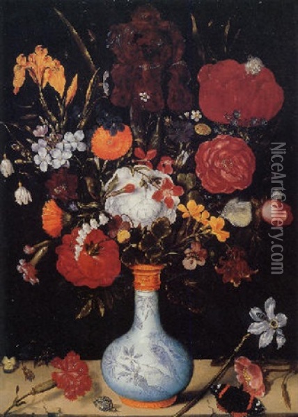 Roses, Marigolds, Aquilegia, Violets, Convolvulus, Hollyhocks, Peonies And Other Flowers In A Vase With A Butterfly And Snail On A Ledge Oil Painting - Ambrosius Bosschaert the Elder