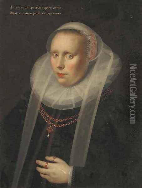 Portrait of a lady, half-length, in a ruff collar and a black silk dress, wearing a gold chain Oil Painting - Gortzius Geldorp