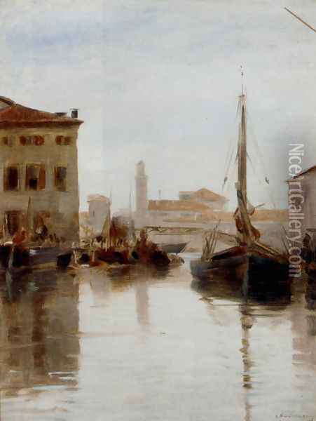 Vessels Moored On A Venetian Backwater Oil Painting - Adolf Schwarz