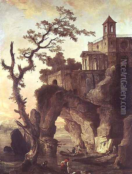 Architectural Ruins in a Rocky Landscape Oil Painting - Hubert Robert