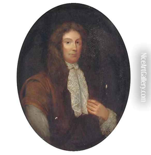 Portrait of a gentleman, bust-length, in a brown cloak and lace cravat, painted oval Oil Painting - James Latham