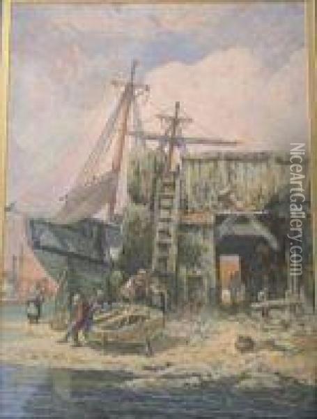Beached Boatswith Fisherman Oil Painting - Henry Valter