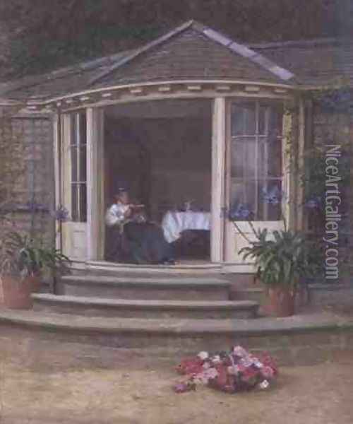 Lady Reading over Tea in a Conservatory Oil Painting - Jessica Hayllar