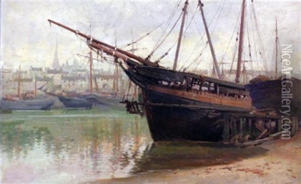 Shipping In Harbour, Isle Of Man Oil Painting - Julius Hare