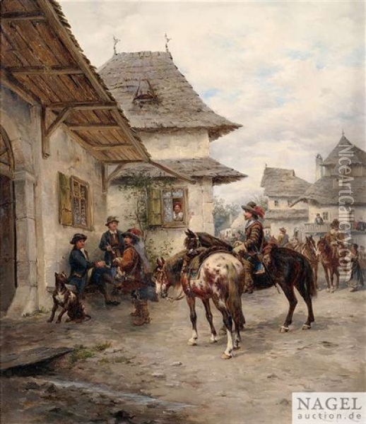 Berittene Soldaten Auf Der Dorfstrase Oil Painting - Ludwig Gedlek