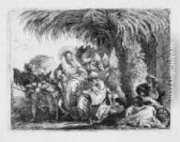 Maria, Auf Dem Esel Sitzend, Spricht Mit Joseph Unter Einer Palme Oil Painting - Giovanni Domenico Tiepolo