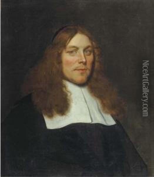 A Portrait Of A Vicar, Aged 34, Bust-length, In A Black Costumewith A White Flat Collar Oil Painting - Ludolf de Jongh