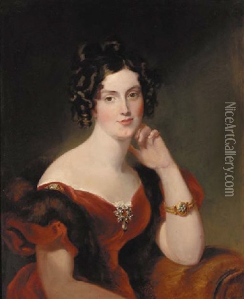 Portrait Of Lady Elizabeth Harcourt In A Red Dress And Fur Wrap Oil Painting - George Hayter