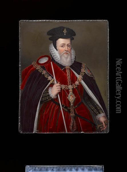 William Cecil, 1st Baron Burghley (1520-1598), Wearing The Robes Of The Chancellor Of The Order Of The Garter, Blue Cloak With White Satin Lining, The Insignia And Arms Of The Order On His Left Breast, White Ruff, Red Velvet Sash And Doublet The Black Vel Oil Painting - Henry Bone