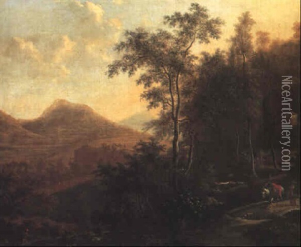 Italianate Wooded Landscape With A Peasant Woman And A Pack Horse Oil Painting - Frederick De Moucheron
