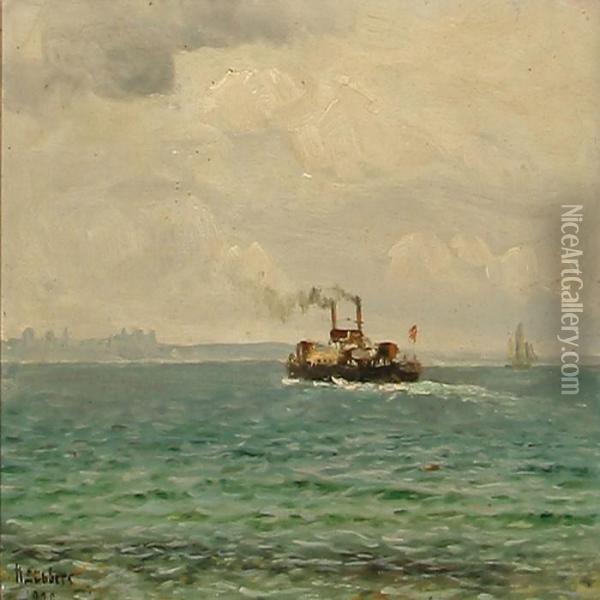 Marine With A Ferry Heading Towards Helsingborg Oil Painting - Holger Peter Svane Lubbers