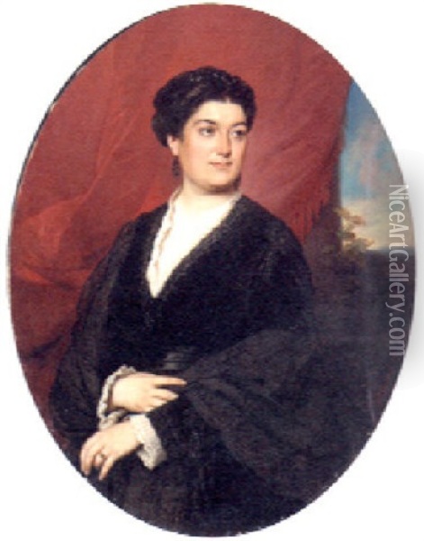 Portrait Of A Lady, Wearing A Black Dress, A Landscape Beyond Oil Painting - Johann Grund