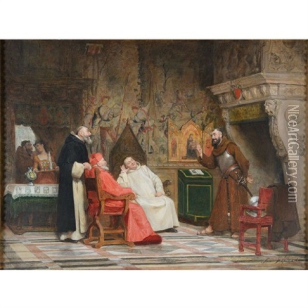 Cardinal And Monks In An Interior Oil Painting - Jose Frappa