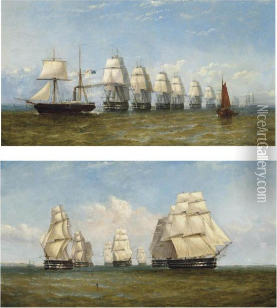 A Paddle Steamer Of The Royal Navy Escorting A French Squadron Oil Painting - William Adolphu Knell