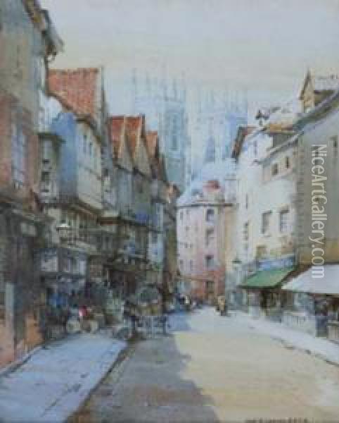 The Shambles Looking Towards York Minster Oil Painting - Noel Harry Leaver
