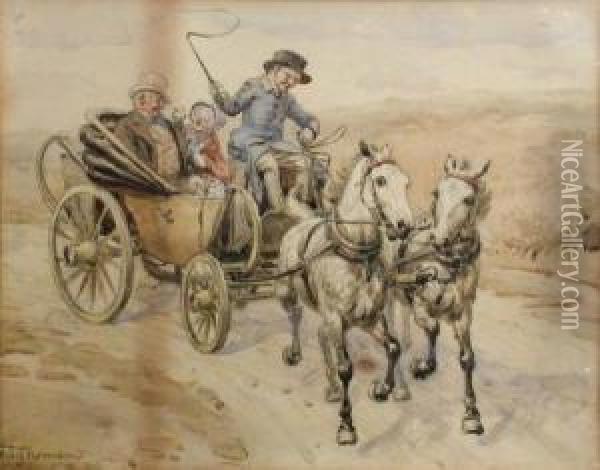 An Elderly Courting Couple Out For A Drive With A Coachman Driving A Pair Of Greys Oil Painting - Hugh Thomson