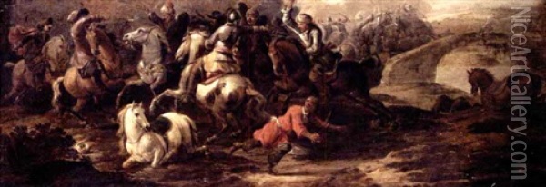 A Cavalry Battle Scene Between Turks And Christians Oil Painting - Simon Johannes van Douw