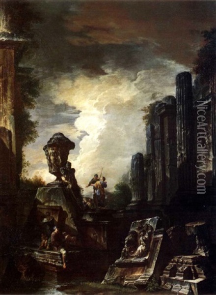 Nocturnal Capriccio With Figures Oil Painting - Giovanni Paolo Panini