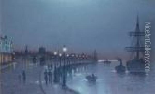 Moonlit View Of Liverpool Oil Painting - Wilfred Jenkins
