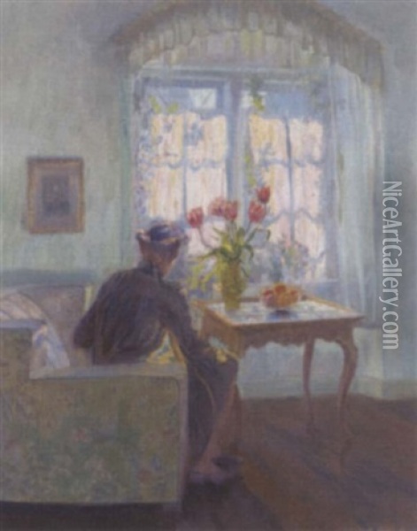 A Woman Seated In A Interior By A Vase Of Tulips Oil Painting - Robert Panitzsch