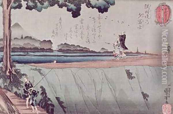 Mount Fuji from the Sumida River embankment one of the views from Edo Oil Painting - Utagawa Kuniyoshi