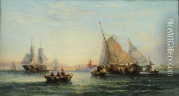Sunset, Dutch Fishing Boats In A Calm Oil Painting - William Calcott Knell