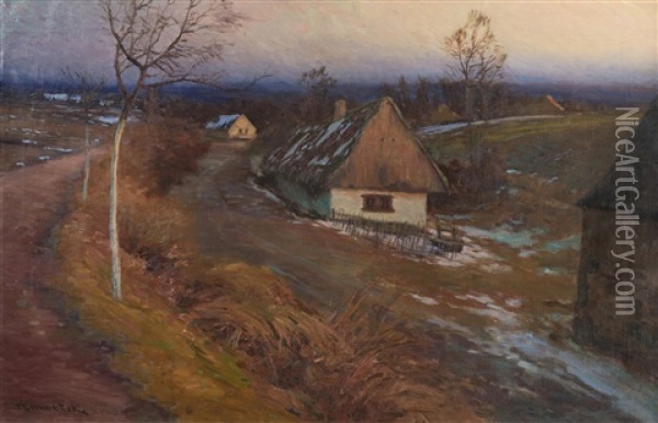 Early Spring In The Village Oil Painting - Stanislav Hudecek