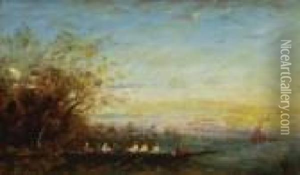 Ruderboot Am Flussufer Bei
 Konstantinopel. Oil Painting - Felix Ziem