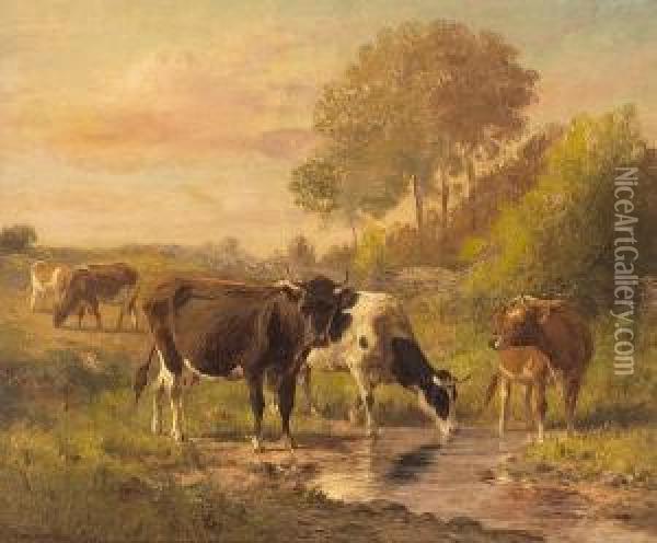 Cattle Watering At Dusk Oil Painting - Thomas Bigelow Craig