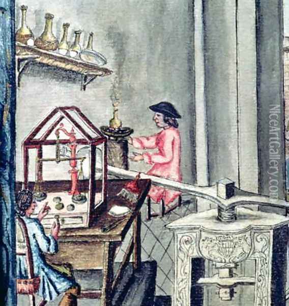 The Workshop of Silversmiths, from a silversmith book Llibre de Passenties per Argenters, 1761 Oil Painting - Francesco Pedraltes