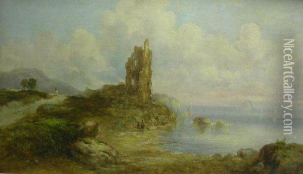 Figures On A Rocky Coast With Ruined Castle Oil Painting - William Joseph Caesar Julius Bond
