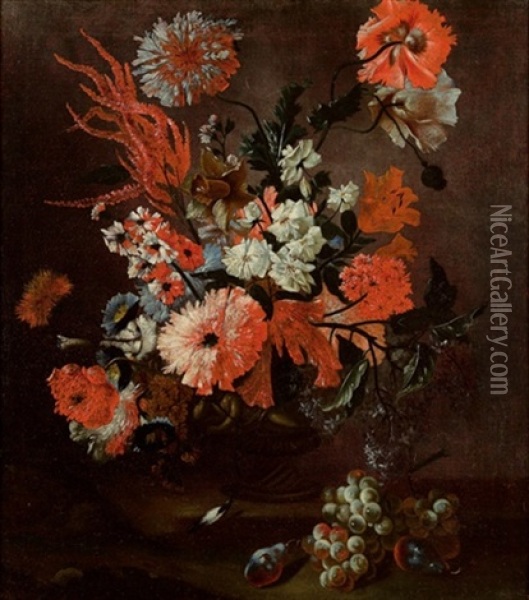 Blumenstillleben Mit Trauben Und Pflaumen Oil Painting - Mario Nuzzi