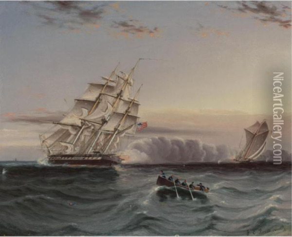 Us Frigate And Privateer Oil Painting - James E. Buttersworth