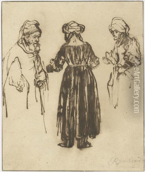 Figure Studies Of A Bearded Man And Two Women Oil Painting - Rembrandt Van Rijn