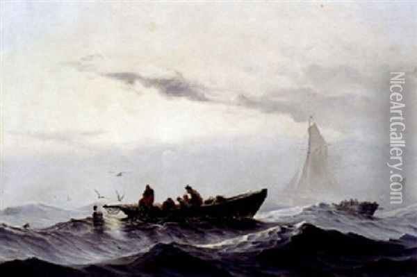Fiskere Traekker Deres Fangst Op I Baden Oil Painting - Viggo Fauerholdt