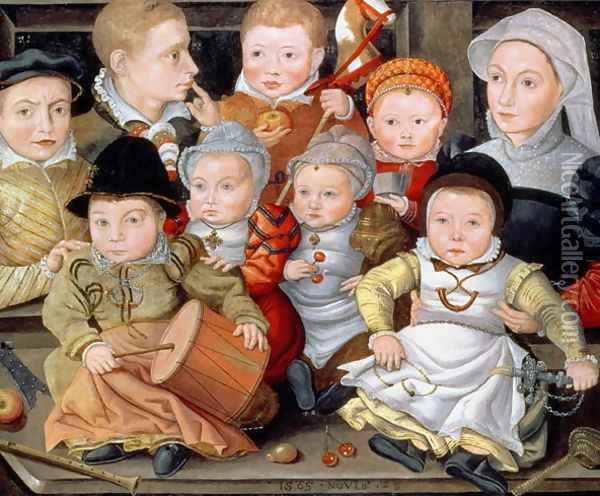 Portrait of a mother with her eight children, 1565 Oil Painting - Jacob Seisenegger