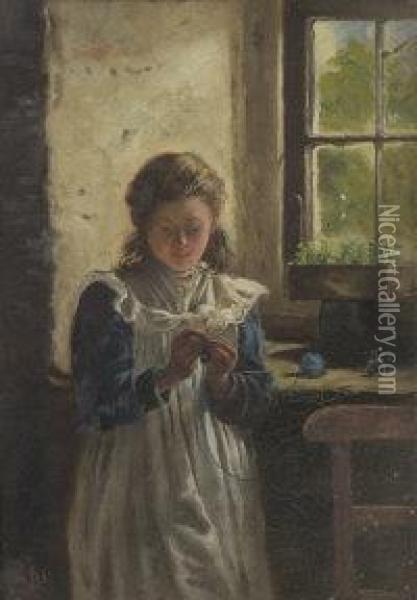 Knitting By A Cottage Window Oil Painting - James Brenan