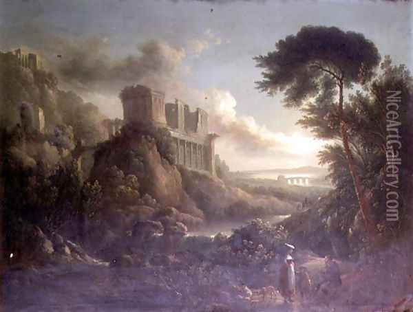 Extensive moonlit rocky river landscape with figures in the foreground and classical ruins beyond Oil Painting - Sebastian Pether