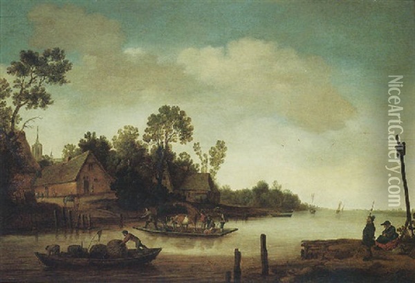 River Landscape With A Ferry Boat Near A Village Oil Painting - Pieter de Bloot