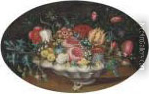 Tulips, Roses, Morning Glory And Other Flowers In A Bowl On Atable Oil Painting - Ambrosius the Elder Bosschaert