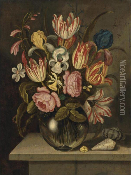 A Still Life Of Tulips, Roses, Irises And Daffodils In A Glass Vase With A Caterpillar And Three Exotic Shells On A Stone Ledge Oil Painting - Abraham Bosschaert
